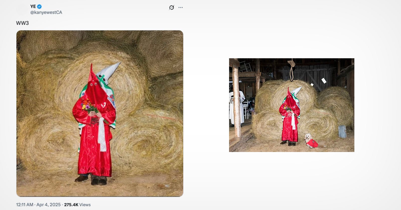 two side-by-side photos showing a portrait of two KKK members at a wedding ceremony in a barn