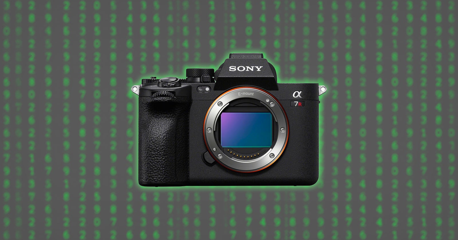 A Sony Alpha mirrorless camera with no lens attached is centered on a background of green binary code on a dark screen, resembling the digital rain from the Matrix.