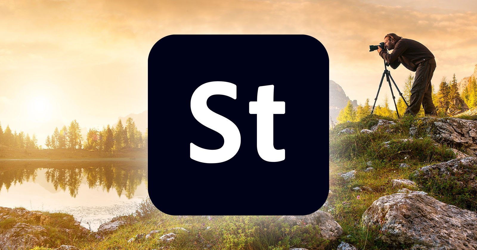 A serene landscape at sunrise with a lake surrounded by trees and mountains in the background. A photographer is capturing the scene with a camera on a tripod. In the foreground, the Adobe Stock logo (a black square with St in white) is prominently displayed.