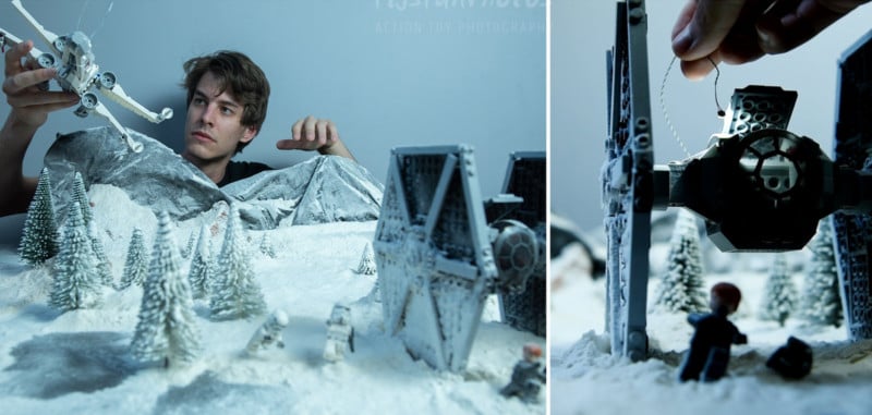 A photographer creating a Star Wars scene with LEGO