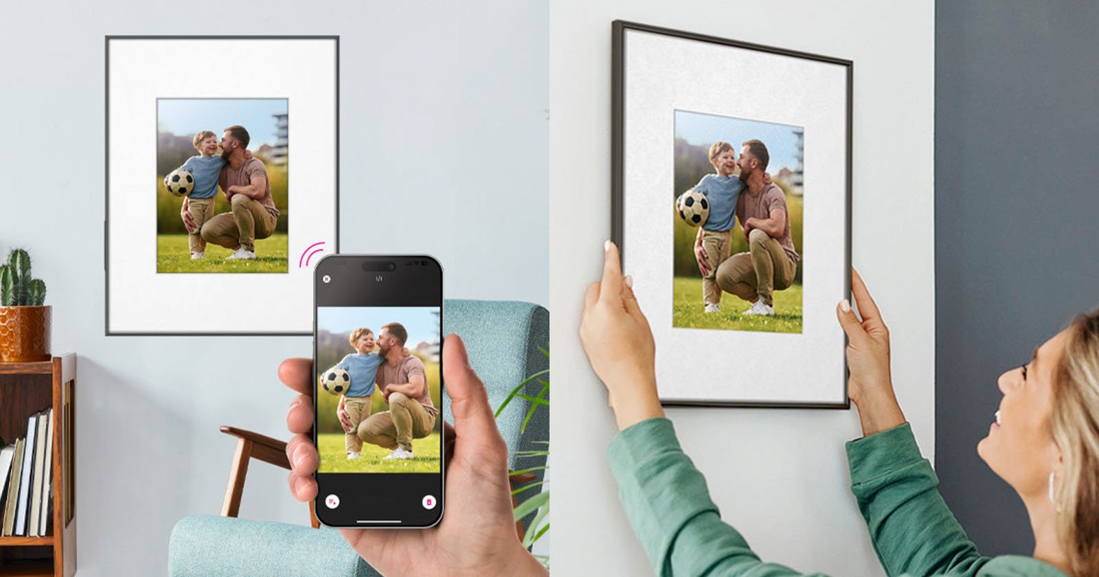 A woman hangs a framed photo of a man and child with a soccer ball on a wall. Next to it, someone uses a smartphone to scan the framed photo.