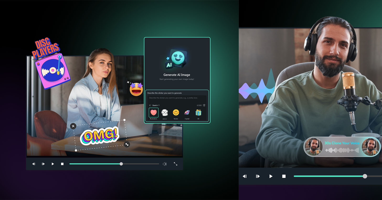 A split-screen image shows two video scenes. On the left, a woman with long hair sits in front of a laptop with playful stickers like OMG! and a disc player. On the right, a bearded man uses a professional microphone with a soundwave graphic and a chat bubble.