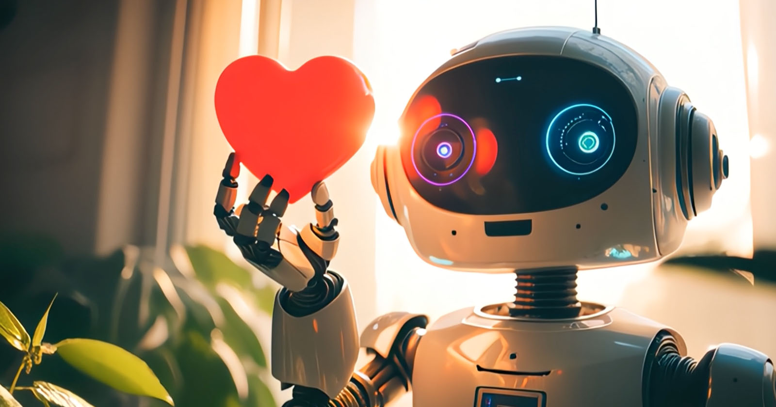 A small robot with glowing eyes holds a red heart shape with one hand, standing in a softly lit room with plants. Sunlight streams through a window in the background, creating a warm and inviting atmosphere.