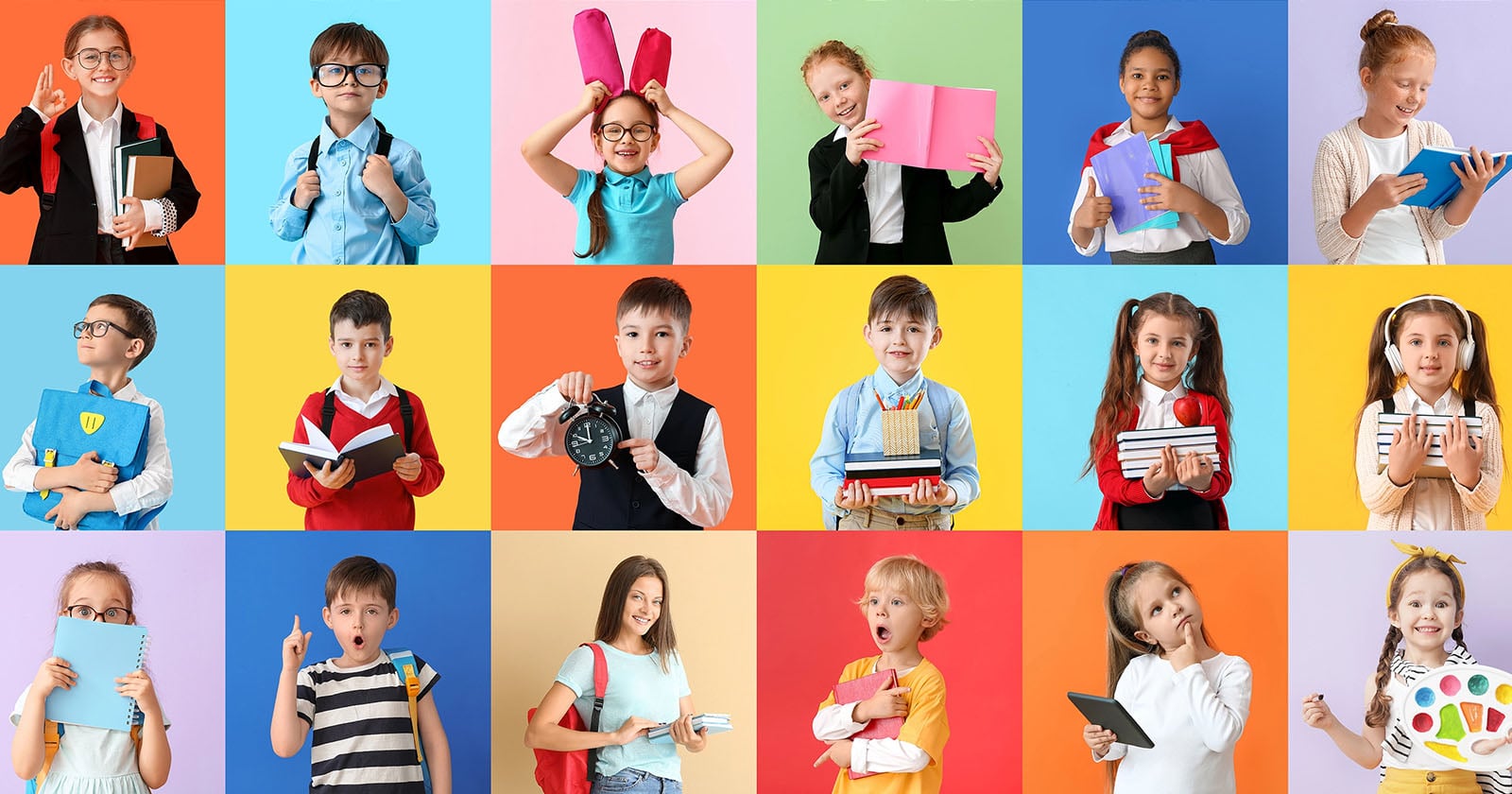 Collage of twenty diverse children posing in front of colorful backgrounds, each holding school supplies like books, notebooks, and backpacks, while smiling, gesturing, or expressing excitement and curiosity.