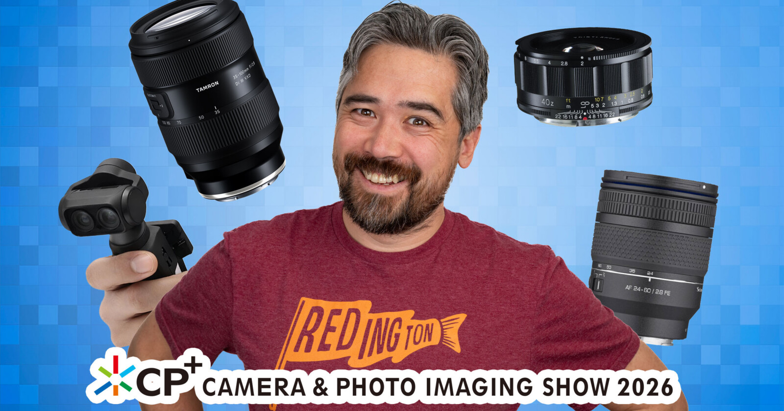 A smiling man in a red REDINGTON shirt holds a camera, surrounded by four camera lenses, in front of a blue pixelated background. Text at the bottom reads CP+ Camera & Photo Imaging Show 2026.