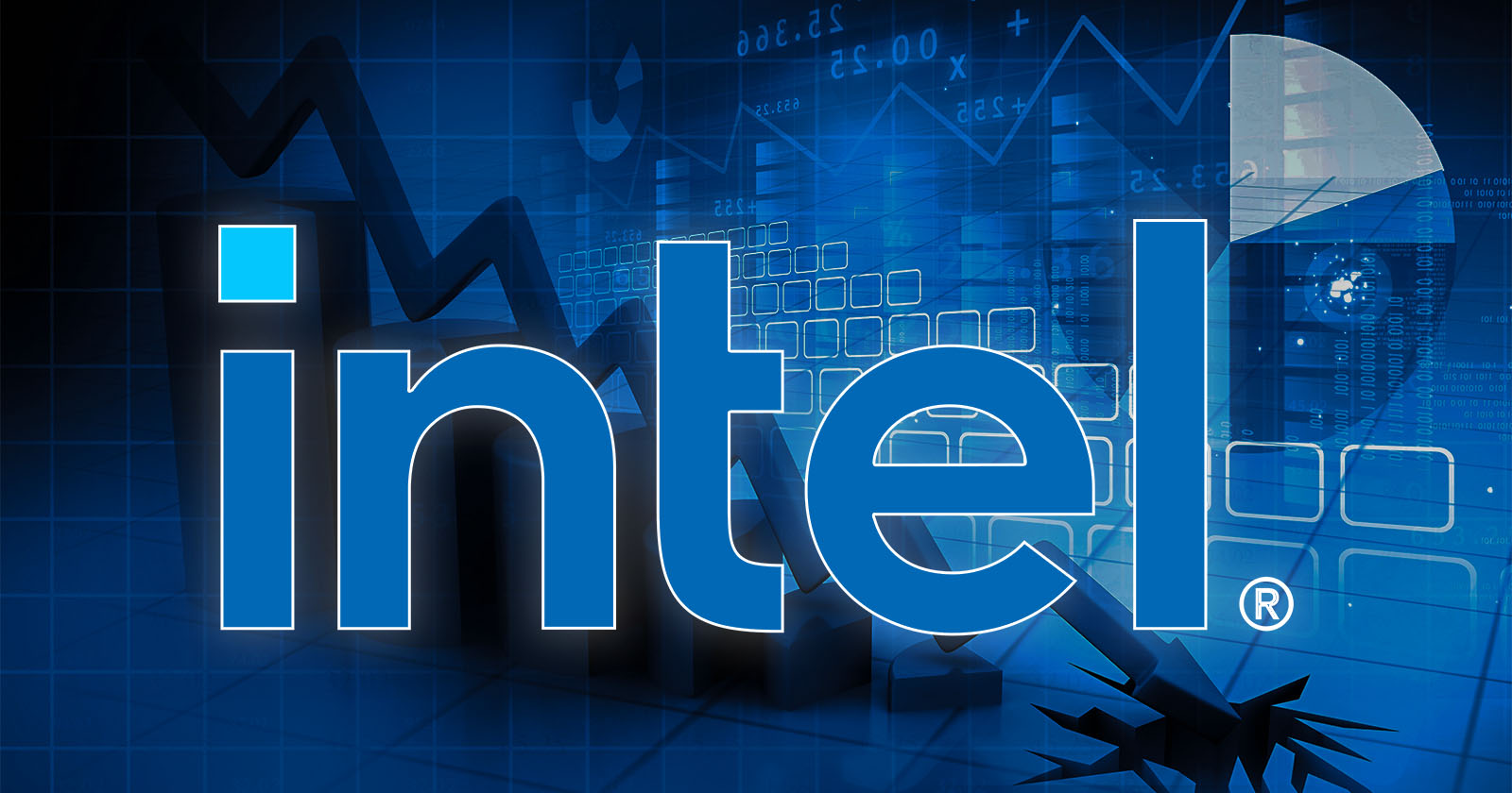 Blue-themed image featuring the word intel prominently in the center. Background includes various abstract elements like graphs, numbers, and technical schematics, alluding to technology and data processing.