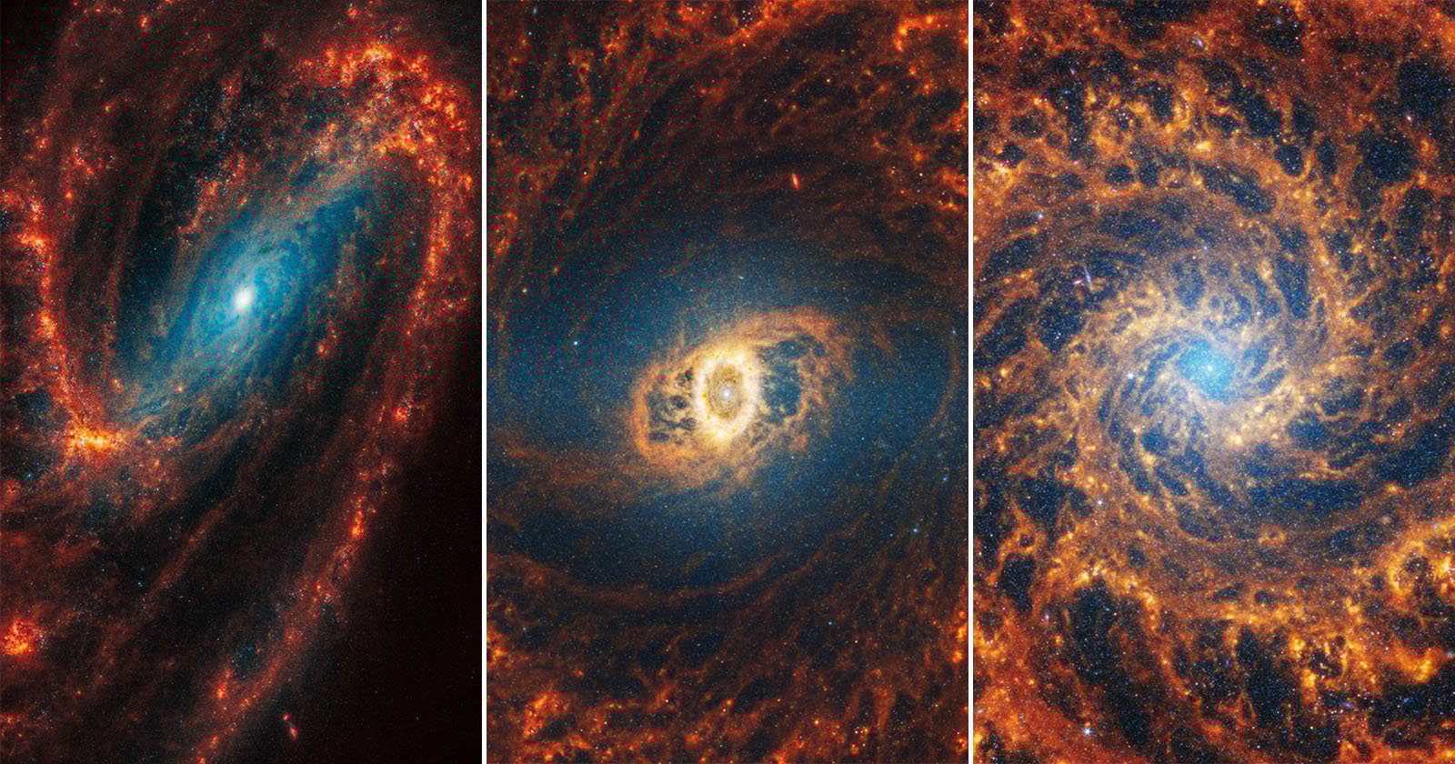 JWST PHANGS collaboration releases 19 images of nearby spiral galaxies.