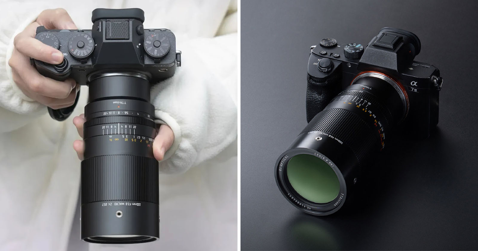 Two images side by side of a digital camera with a long lens. The left image shows the camera being held by a person wearing a white sweater, displaying the controls and lens details. The right image shows the camera with a zoom lens on a dark surface.