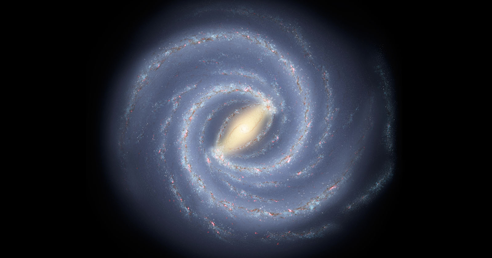 A vibrant artistic depiction of a spiral galaxy. The galaxy features a bright, glowing core with extensive swirling arms, showcasing a gradient of blue, white, and hints of red, set against a dark background. The arms are filled with stars and cosmic dust.