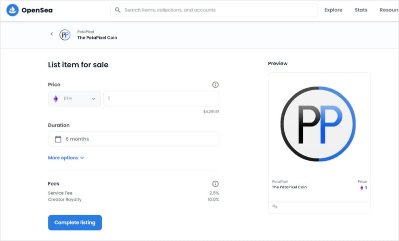 A screenshot showing the OpenSea process for selling an NFT.