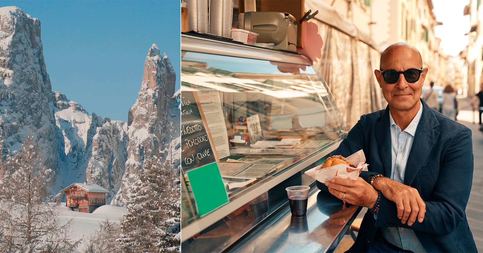 The image is split: on the left, a snowy alpine landscape with a wooden cabin and rugged mountains; on the right, a smiling man in sunglasses enjoys food and wine at a street-side deli counter in a sunny city.