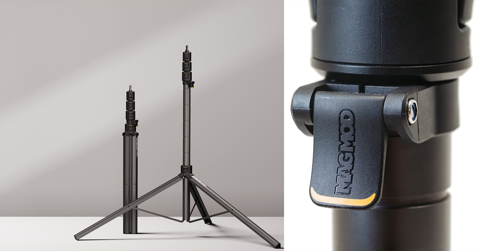 Two black adjustable light stands with gold accents are shown on the left; one is extended taller than the other. On the right is a close-up of a MAGMOD branded clamp on one of the stands.