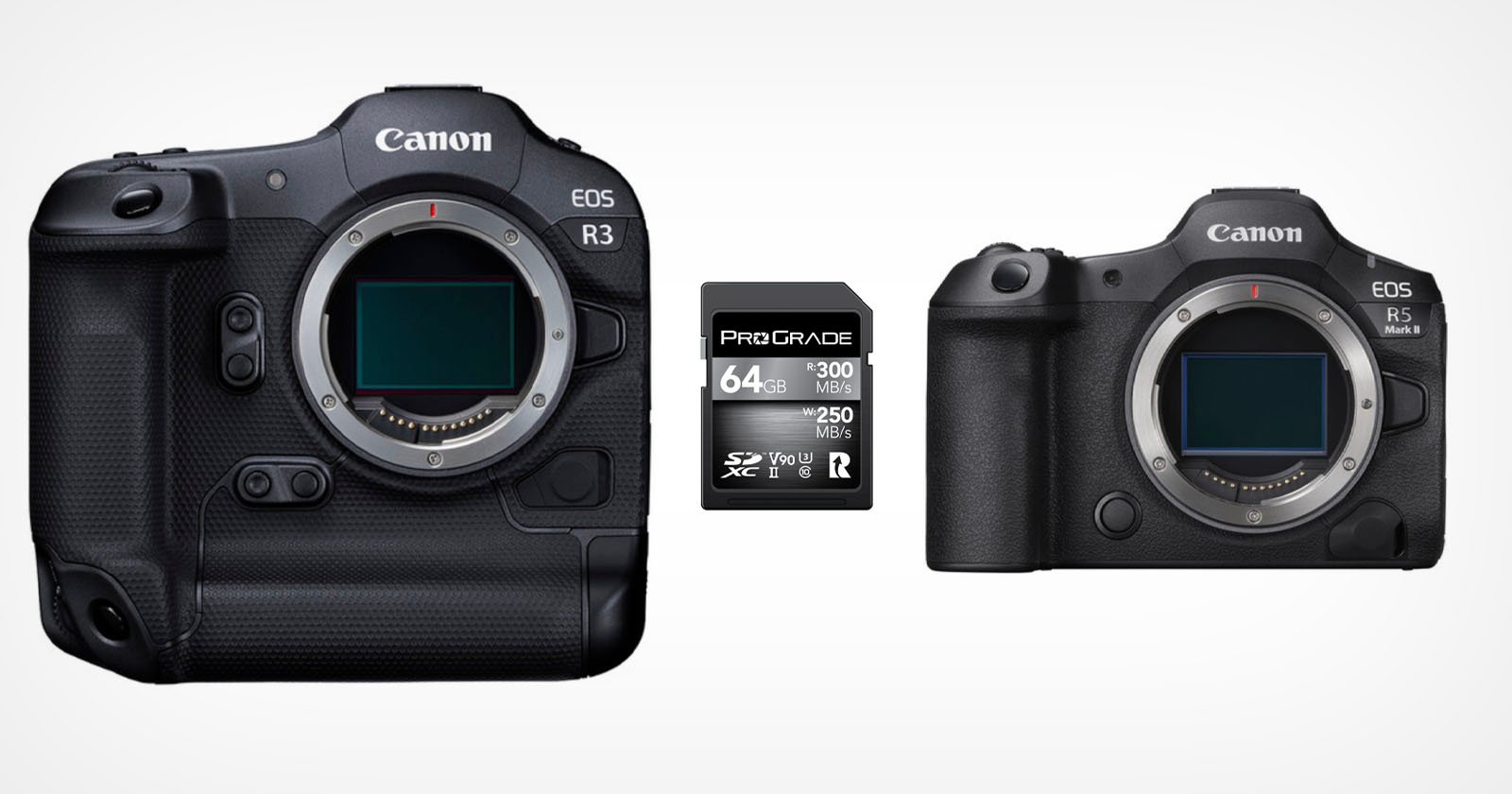 Two Canon mirrorless cameras, the EOS R3 on the left and the EOS R5 on the right, are shown side by side with a 64GB ProGrade SD memory card positioned between them.