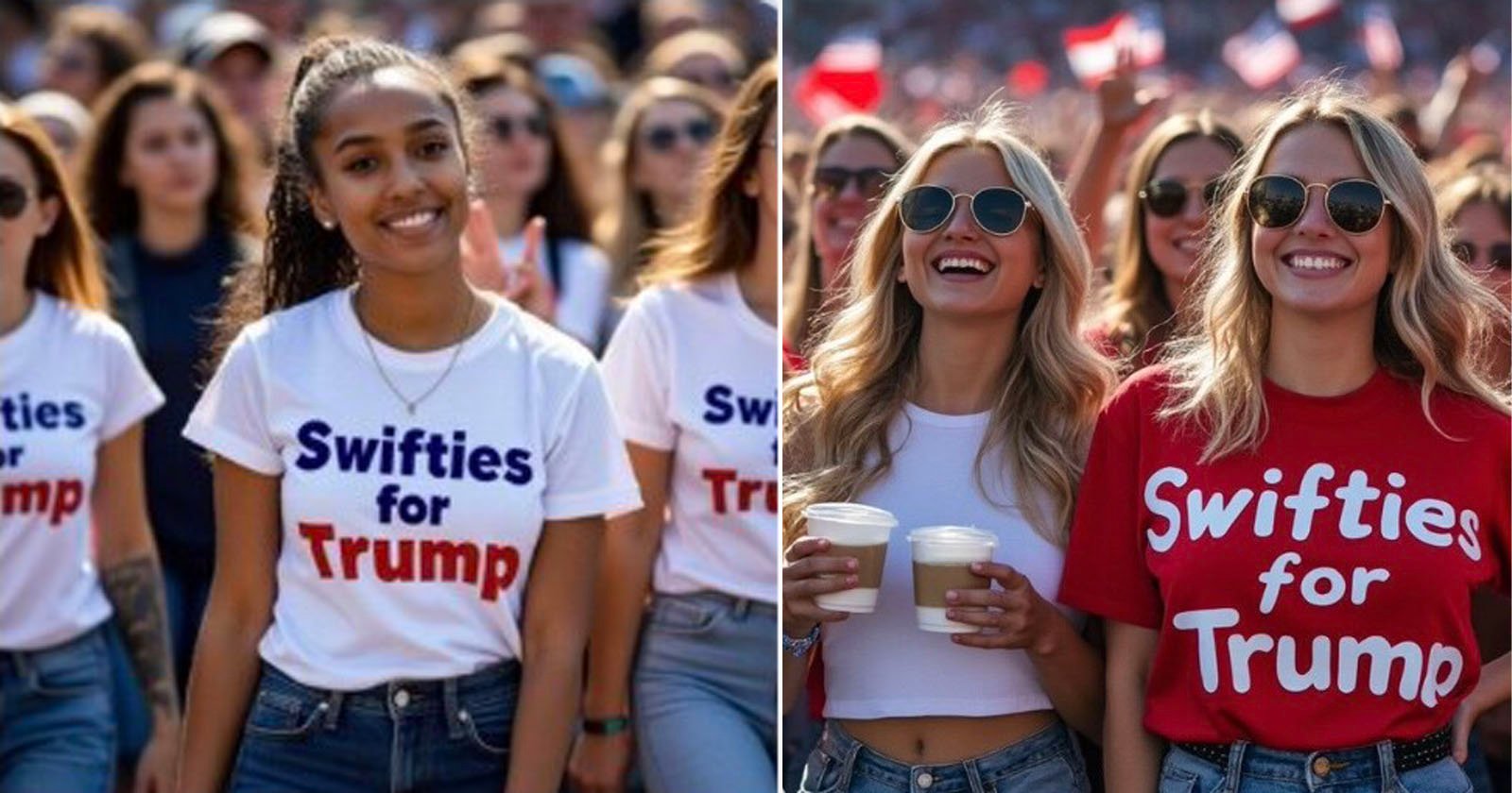 A group of people at an outdoor event wears shirts that read Swifties for Trump. Two women on the right hold drinks. There's a mix of shirt colors, with white and red prominent. The crowd appears cheerful and engaged in a sunny setting.