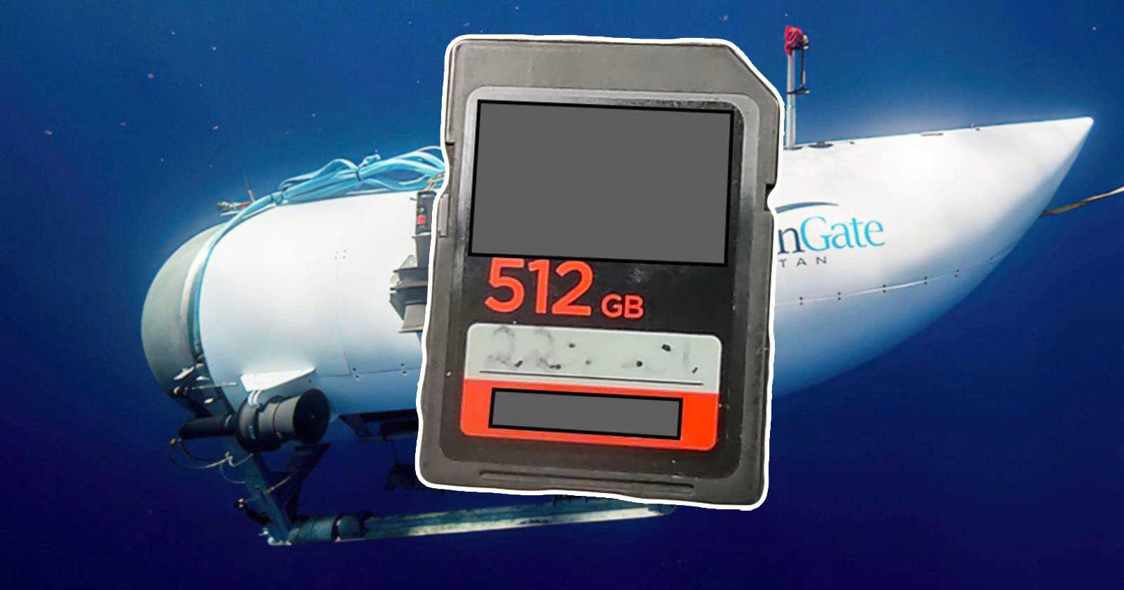A large 512GB memory card is digitally superimposed in front of a white submersible underwater, with OceanGate Titan partially visible on the sub.