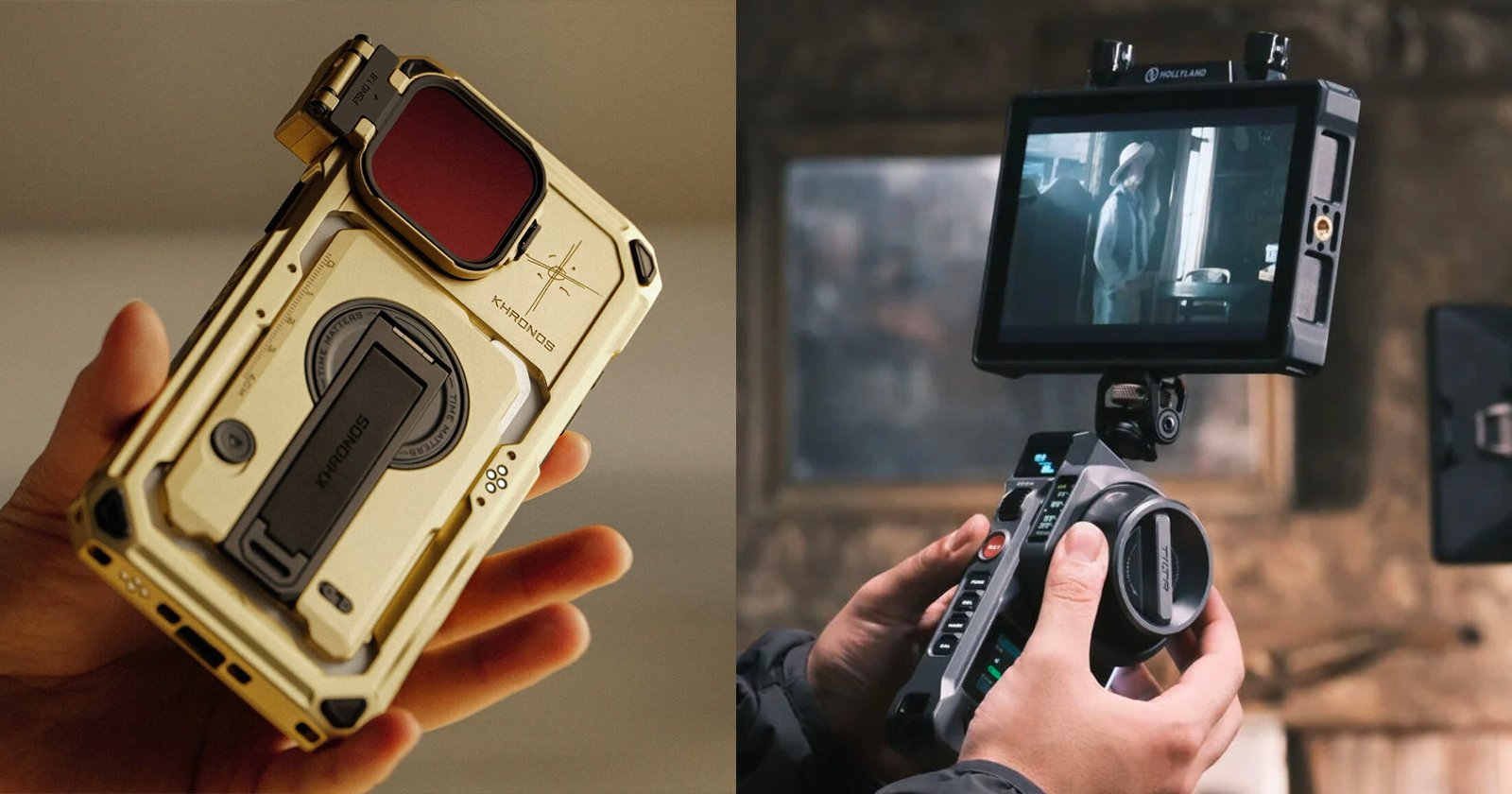 Split image: Left shows a hand holding a gold smartphone case with a camera lens attachment and branded MGMADE. Right shows a person holding a camera rig with a large screen displaying a black-and-white image.