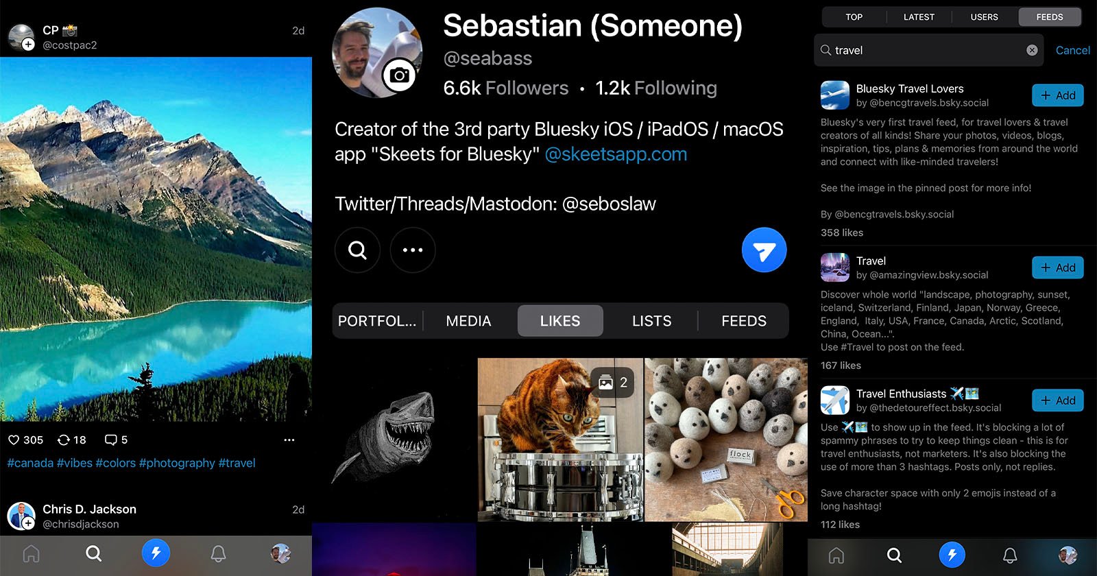 Screenshot of a social media profile. Top shows a cover photo of a mountain and lake. Profile details for Sebastian include 6.6k followers. Posts shared include a cat with a typewriter and arranged rocks. Sidebar displays trending topics.