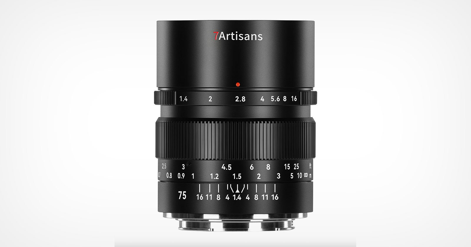 A black 7Artisans camera lens with manual focus and aperture rings, showing aperture and focus distance markings, standing upright on a white background.