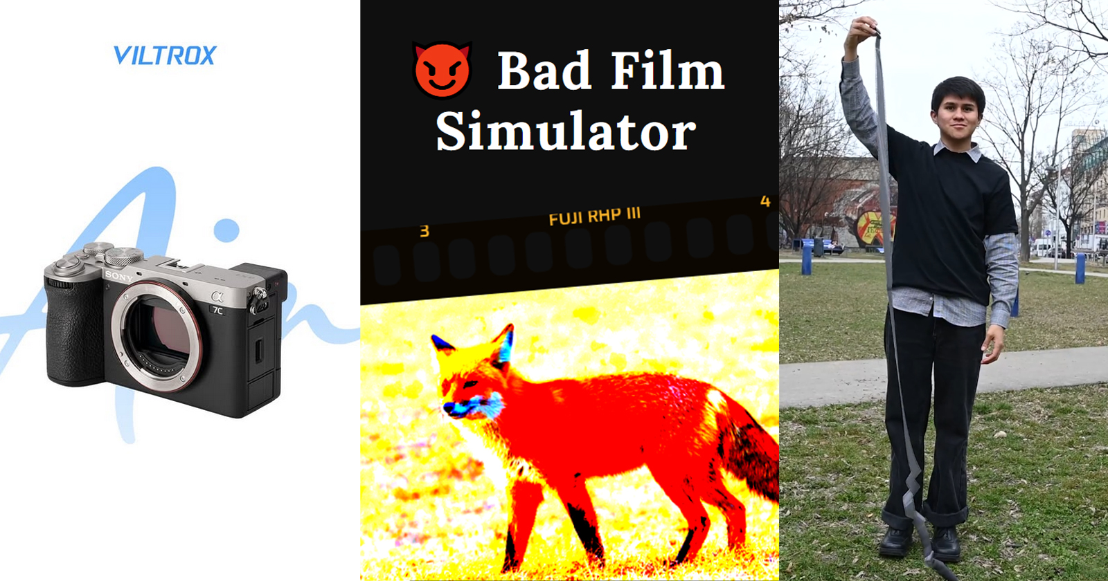 A collage with three sections: a Viltrox camera, a colorful fox edited with distorted colors labeled Bad Film Simulator, and a person standing on grass holding a stick with a balancing object.