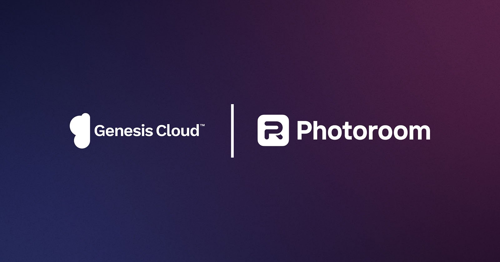 A dark gradient background with the Genesis Cloud logo and text on the left, and the Photoroom logo and text on the right, separated by a vertical white line.