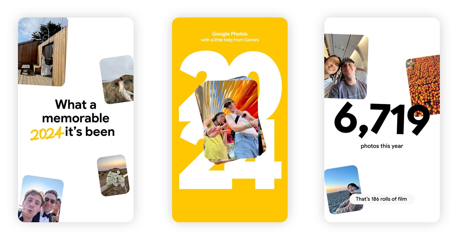 Three digital photo slides are shown. The first slide reads What a memorable 2023 it's been with various photos. The second slide features the number 2023 with images inside. The third slide shows 6,719 photos this year and That's 186 rolls of film with photos.
