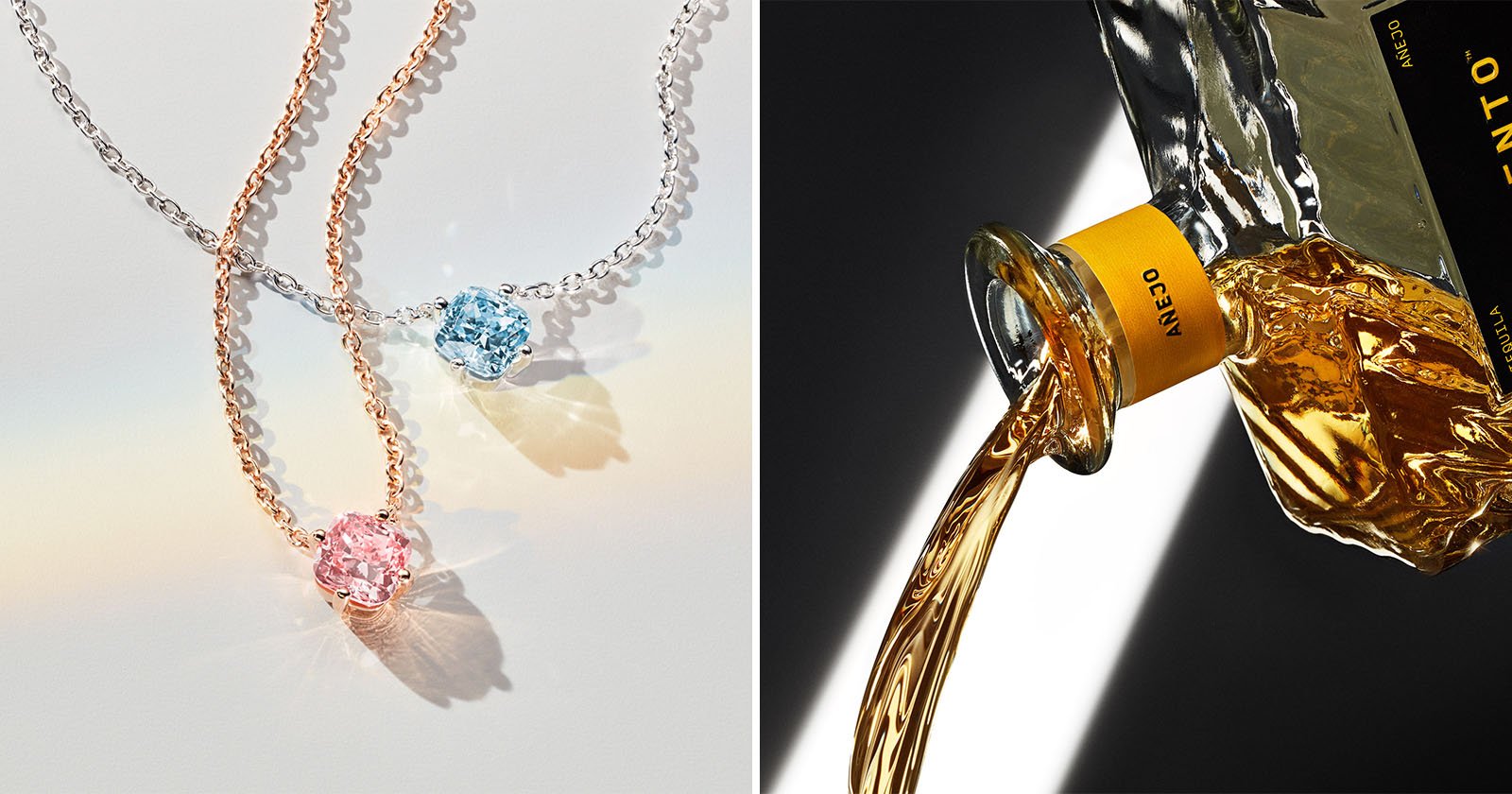 Two images side by side: The left image shows two necklaces with pink and blue gemstones on silver and rose gold chains against a light background. The right image shows golden liquid pouring from a bottle labeled Añejo in bold letters against a dark background.