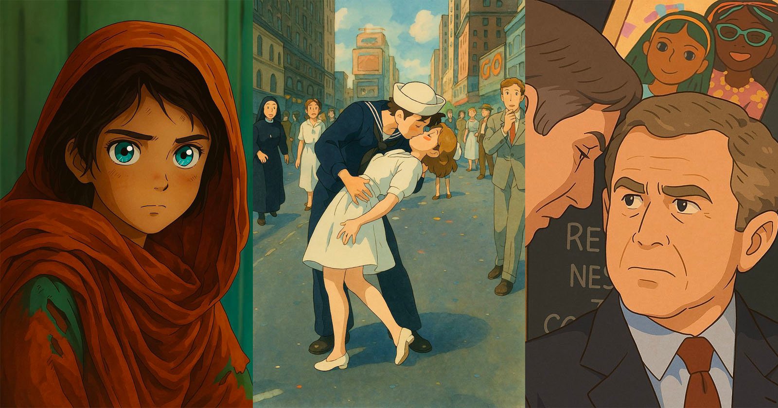 A triptych features three illustrated scenes: a child in a red scarf with large eyes, a sailor kissing a nurse in a city setting, reminiscent of a famous WWII photo, and a man in a suit with people and colorful posters in the background.