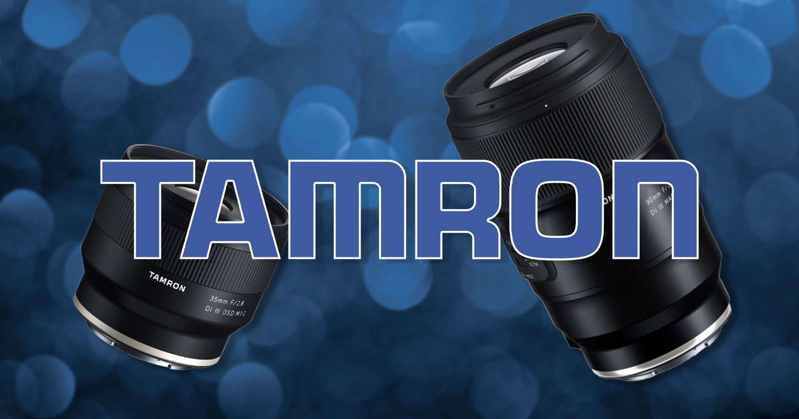 Two Tamron camera lenses on a blue bokeh background, with the word Tamron in bold, large letters across the center.