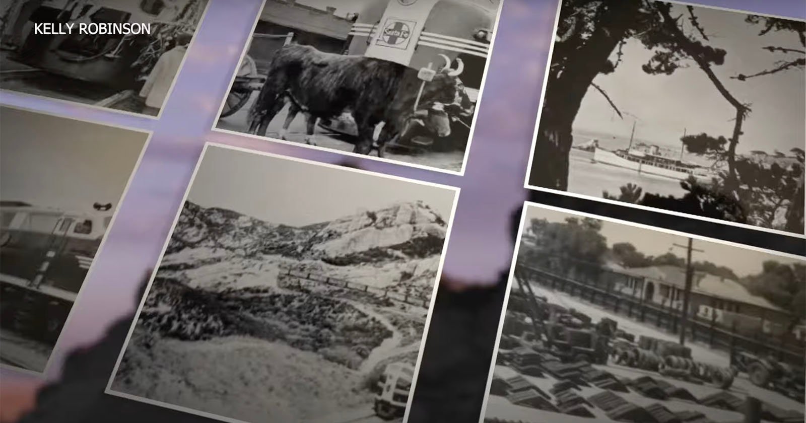 A collage of black and white photos, including a bull near a truck, a coastal scene with ships, a train moving along mountainous terrain, and a railway station with stacked cargo. The name Kelly Robinson is visible in the top left corner.
