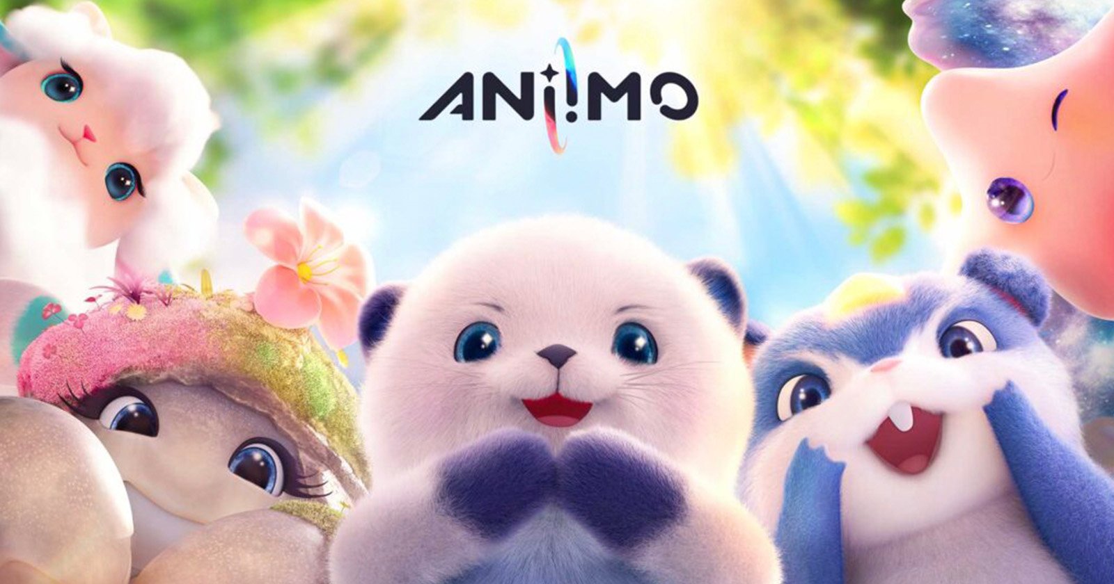 A group of cute, colorful animated animal characters smile and look up toward the viewer under a sunny, leafy sky, with the word ANIMO above them.