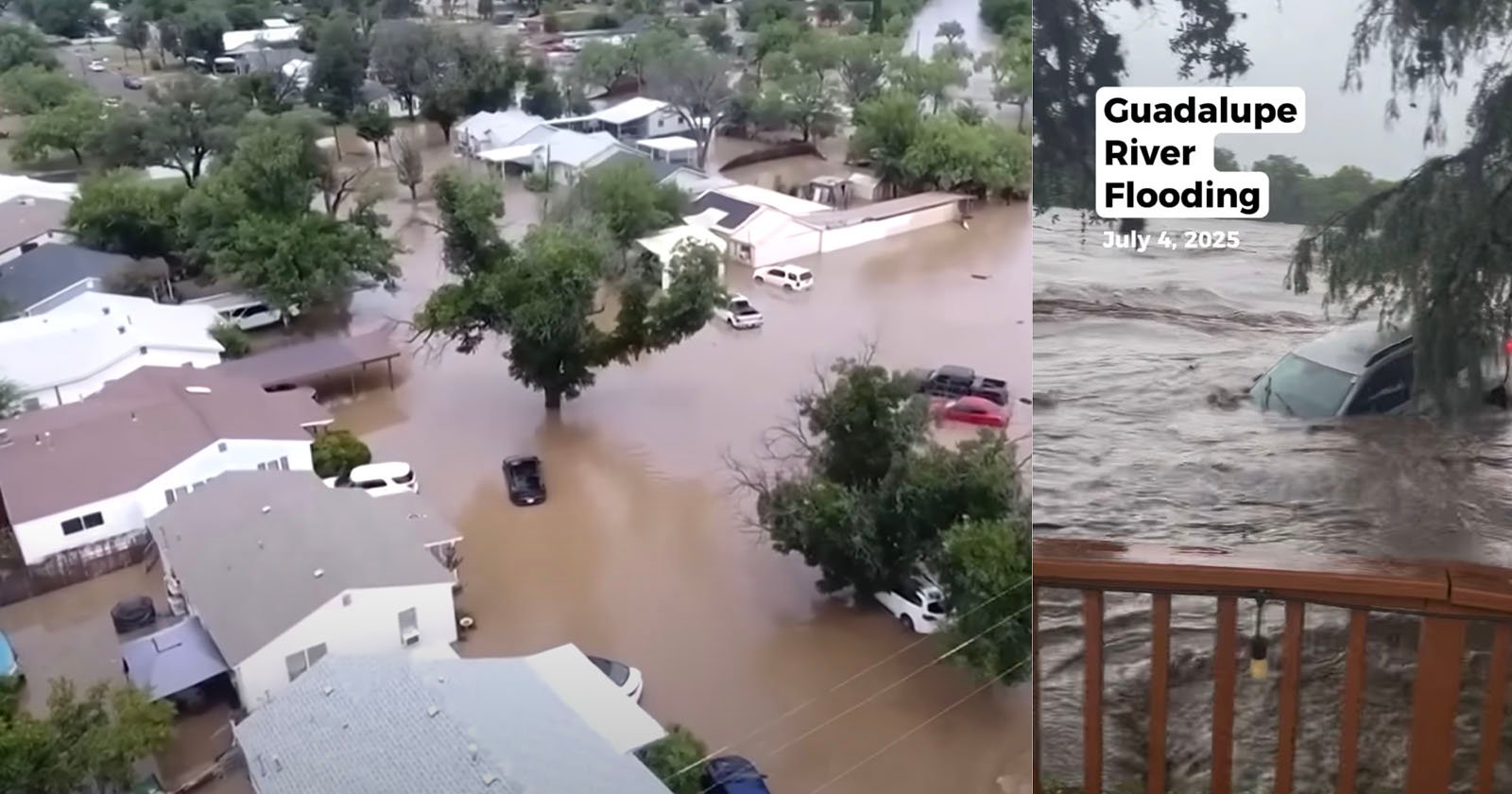 A neighborhood is heavily flooded, with muddy water covering streets and vehicles. On the right, water rushes past a railing, nearly submerging a car. Text reads: Guadalupe River Flooding, July 4, 2025.