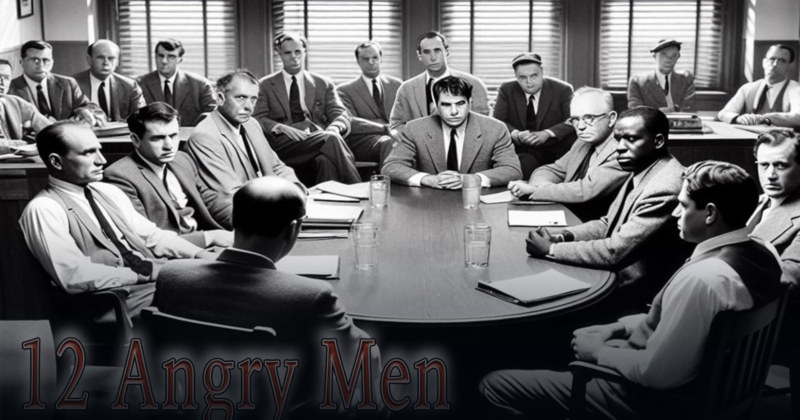 A black-and-white image titled 12 Angry Men featuring twelve men seated around a large oval table in a courtroom setting. Each man appears focused and intense, some with arms crossed or resting on the table. Additional men sit in the background.