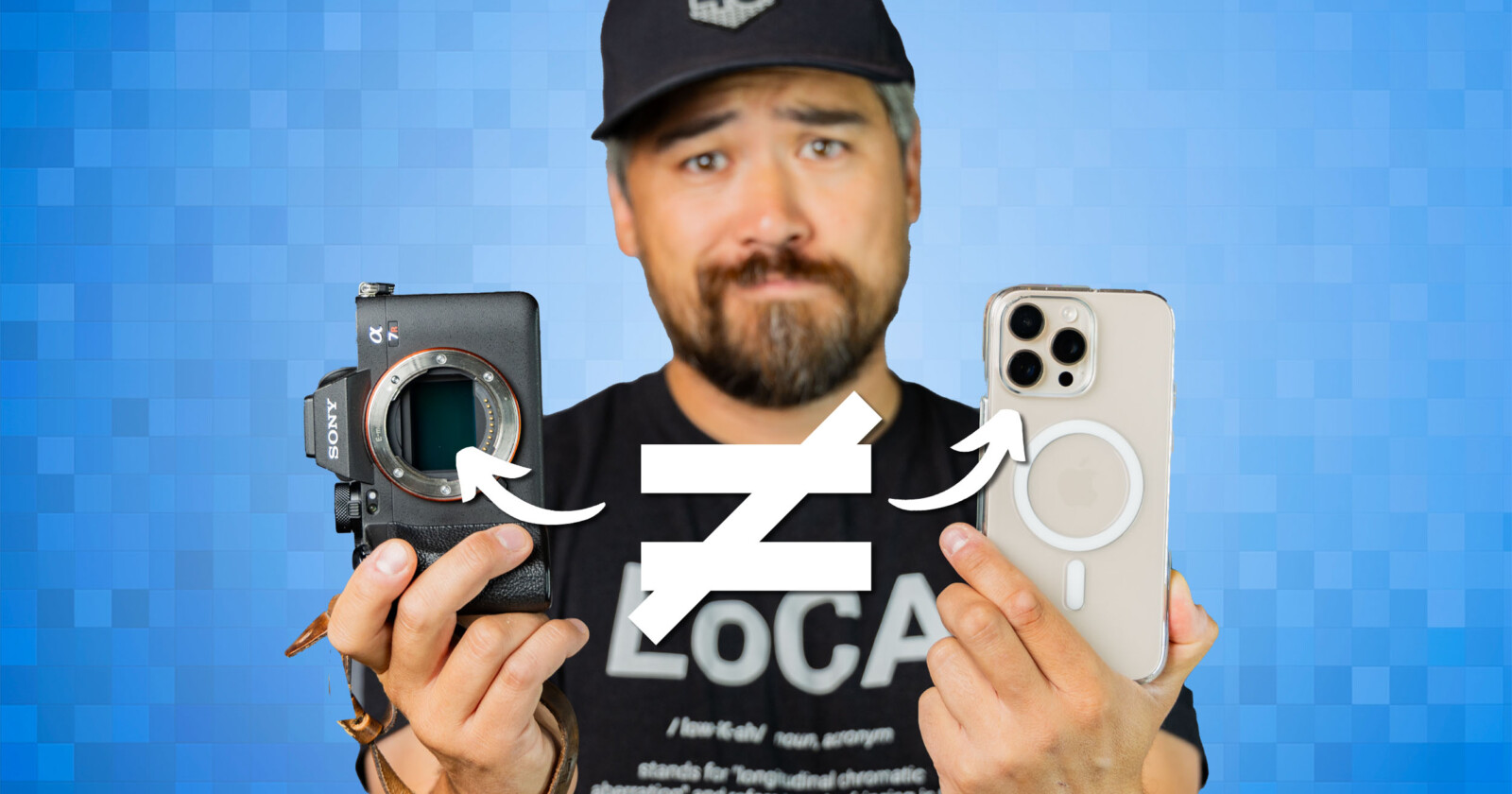 A bearded man wearing a black cap and a black shirt is holding a camera in his left hand and a smartphone in his right hand. A white not equal to symbol is overlaid between the camera and the smartphone. The background is a blue gradient with a pixelated pattern.