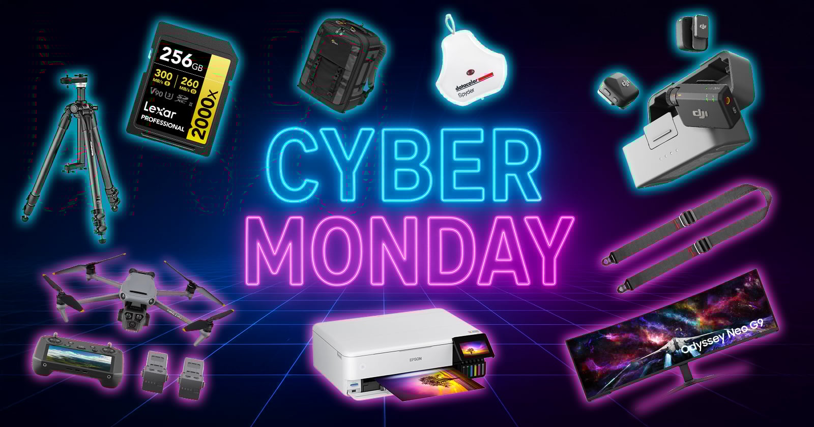A neon Cyber Monday sign glows at the center, surrounded by electronics like a camera tripod, SD card, printer, gaming monitor, camera bag, drone, batteries, chargers, and tech accessories on a dark grid background.