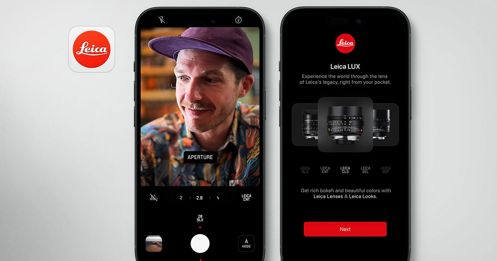 Two smartphones display different screens. The left phone shows a camera app capturing a man wearing a purple cap. The right phone displays a Leica advertisement for Leica LUX lenses and Leica Looks, with a red Next button at the bottom and the Leica logo at the top.