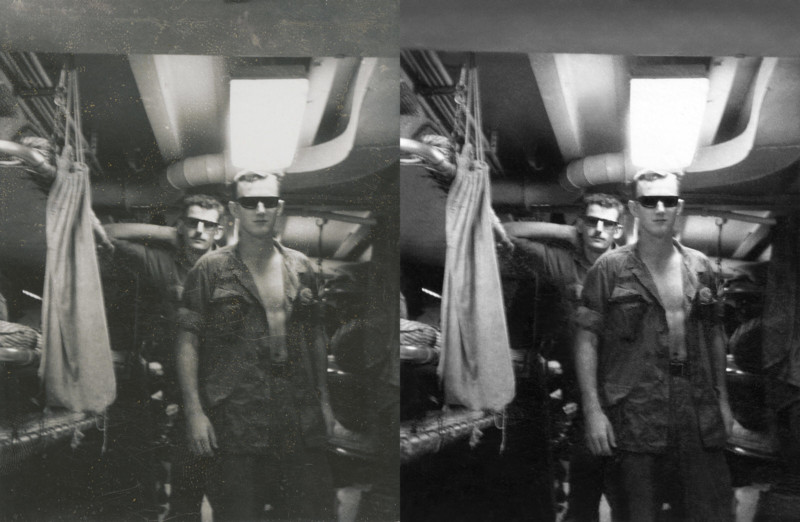 Before and after of a Vietnam War era photo restored by Jenn Cohen