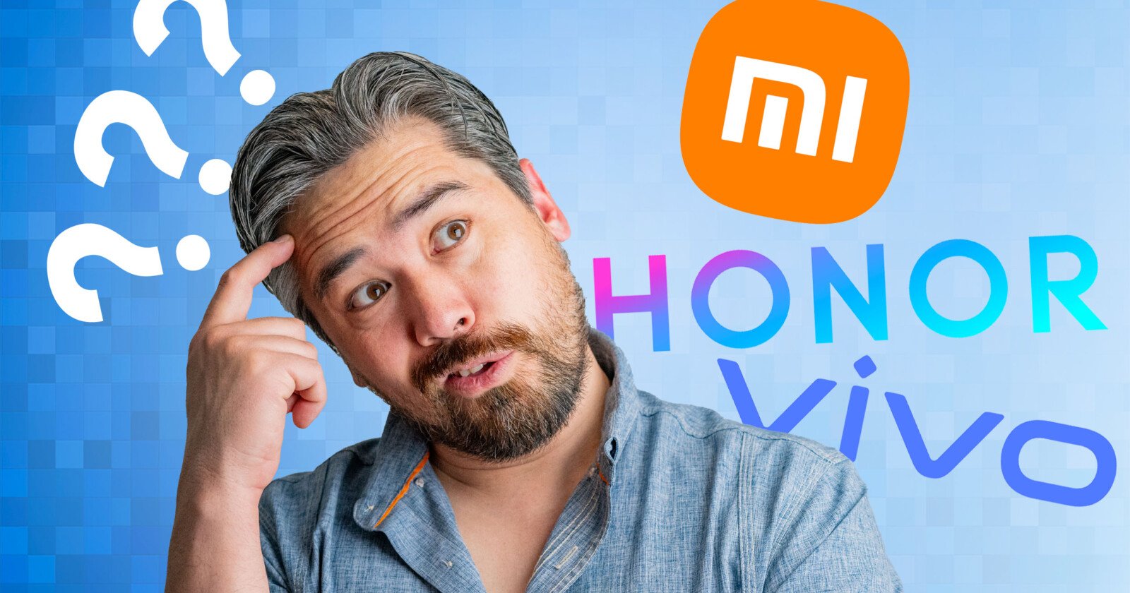 A man with a perplexed expression touches his temple. Behind him are logos for Xiaomi, Honor, and Vivo, along with question marks, on a blue pixelated background.