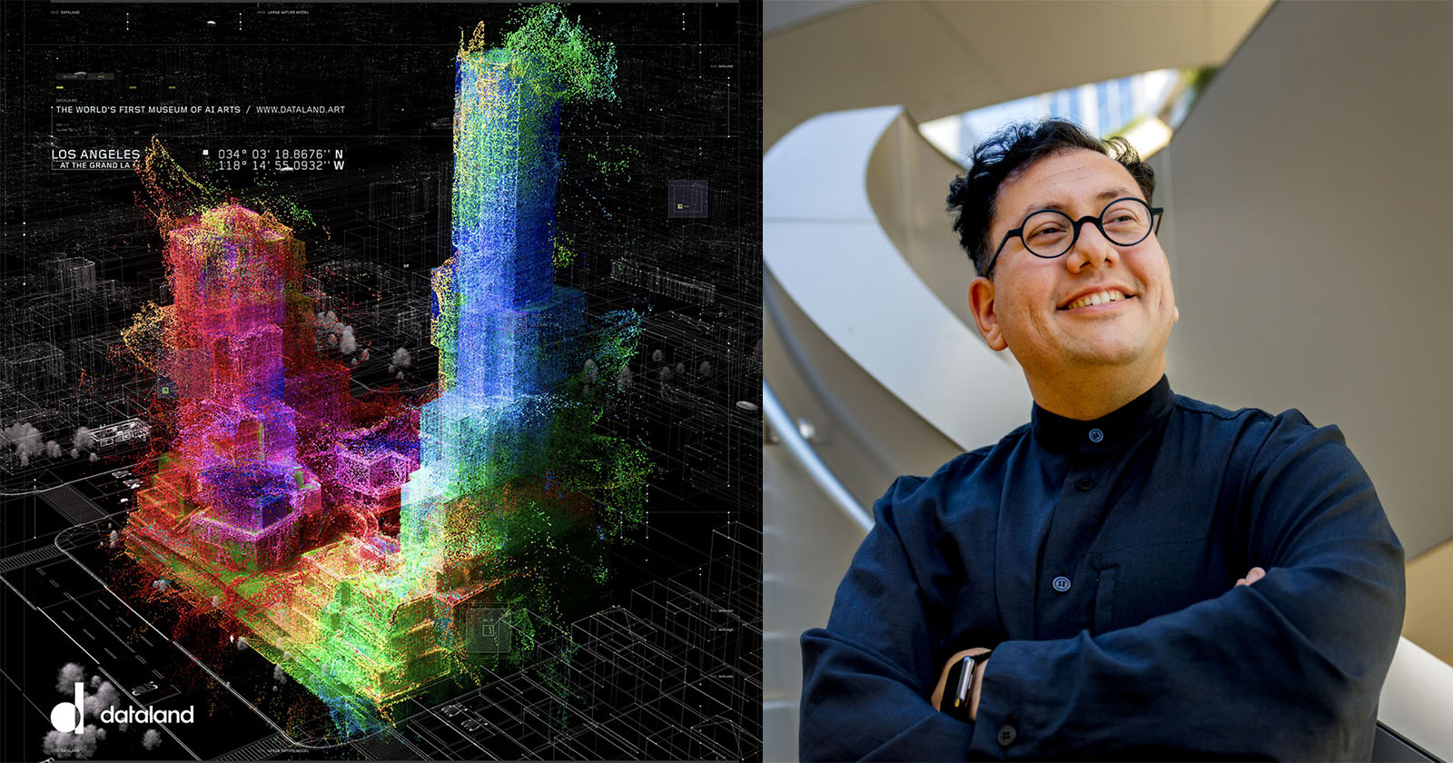 A split image with a colorful 3D digital rendering of buildings on the left and a person wearing glasses, standing with arms crossed and smiling, on the right. The background behind the person appears to be a modern architectural structure.