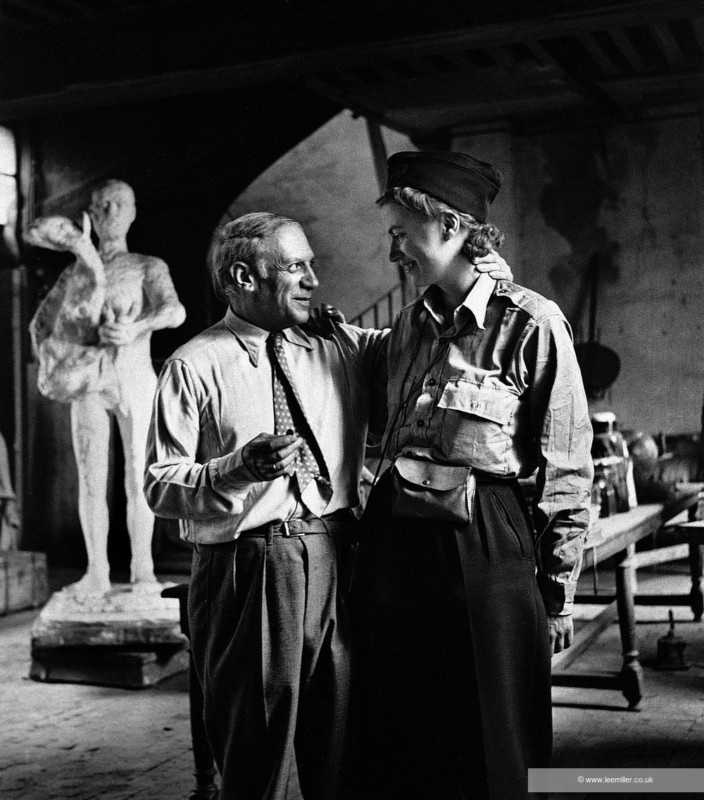 Picasso and Lee Miller in the artist’s studio during the liberation of Paris. Picasso embraced Lee Miller with effusive warmth, declaring: “This is marvelous, this is the first Allied soldier I have seen, and it’s you!” Published: 1. UK Vogue, October 1944. 2. Portrait of Picasso by Roland Penrose 1971 Fig 175 P68 Captioned as: Picasso and Lee Miller. Published in Portrait of Picasso by Roland Penrose, 1956, page 66 and in Portrait of Picasso by Roland Penrose, 1956 (reprinted 1971), page 68, Lund Humphries, London. Captioned as: Picasso at rue des Grands Augustins with Lee Miller, first Allied correspondent to call on him after the liberation of Paris. Published in Visiting Picasso - The Notebooks and letters of Roland Penrose by Elizabeth Cowling, 2008, front cover and page 52, Thames & Hudson, London. Published in Scrap Book by Roland Penrose, 1981, page 136, La Poligrafa, Barcelona. Picasso and Lee Miller in the artist’s studio during the liberation of Paris. Picasso embraced Lee Miller with effusive warmth, declaring: “This is marvelous, this is the first Allied soldier I have seen, and it’s you!” Published: 1. UK Vogue, October 1944. 2. Portrait of Picasso by Roland Penrose 1971 Fig 175 P68 Captioned as: Picasso and Lee Miller. Published in Portrait of Picasso by Roland Penrose, 1956, page 66 and in Portrait of Picasso by Roland Penrose, 1956 (reprinted 1971), page 68, Lund Humphries, London. Captioned as: Picasso at rue des Grands Augustins with Lee Miller, first Allied correspondent to call on him after the liberation of Paris. Published in Visiting Picasso - The Notebooks and letters of Roland Penrose by Elizabeth Cowling, 2008, front cover and page 52, Thames & Hudson, London. Published in Scrap Book by Roland Penrose, 1981, page 136, La Poligrafa, Barcelona.