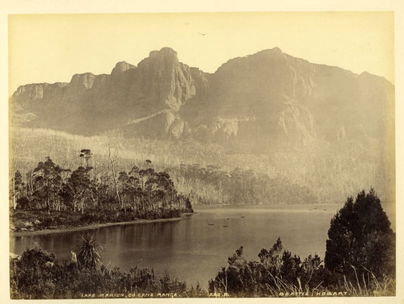 A vintage landscape photo of a lake in Tasmania in the 1890s