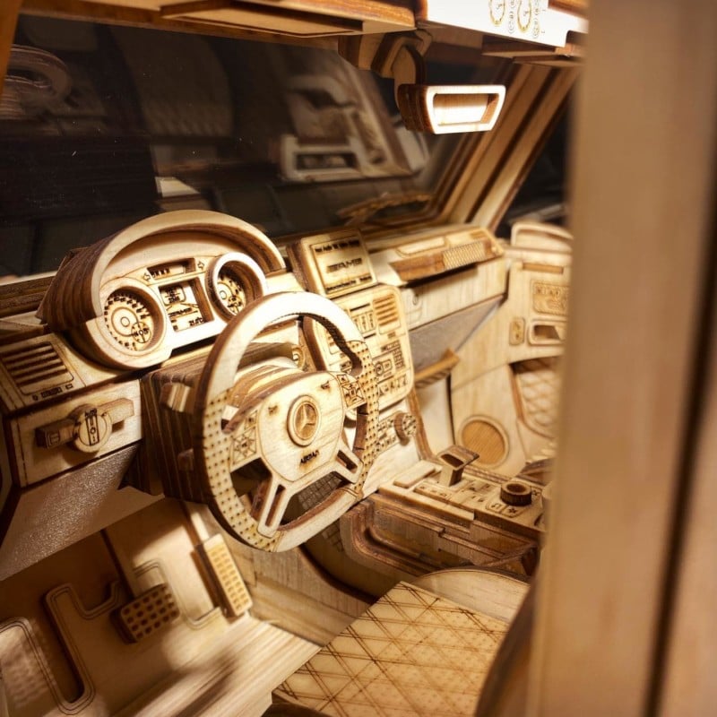 Interior of wooden SUV model Interior of wooden SUV model