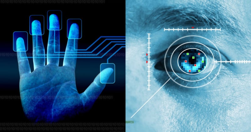 Illustrations of fingerprint and iris recognition technology