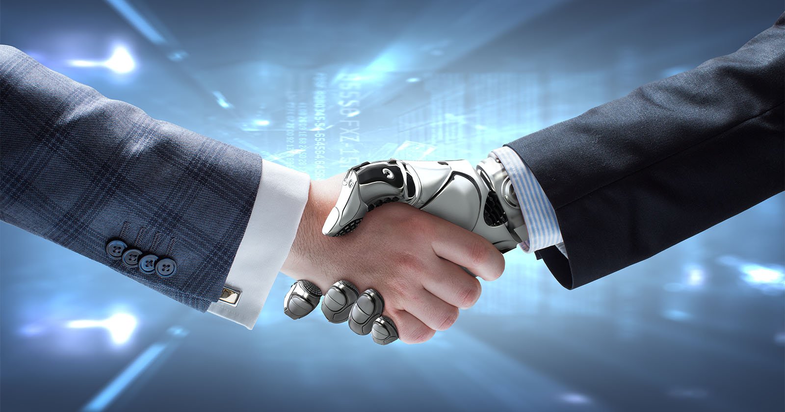 Businessman shaking hands with a robot. Artificial intelligence, business. Businessman shaking hands with a robot. Artificial intelligence, business.