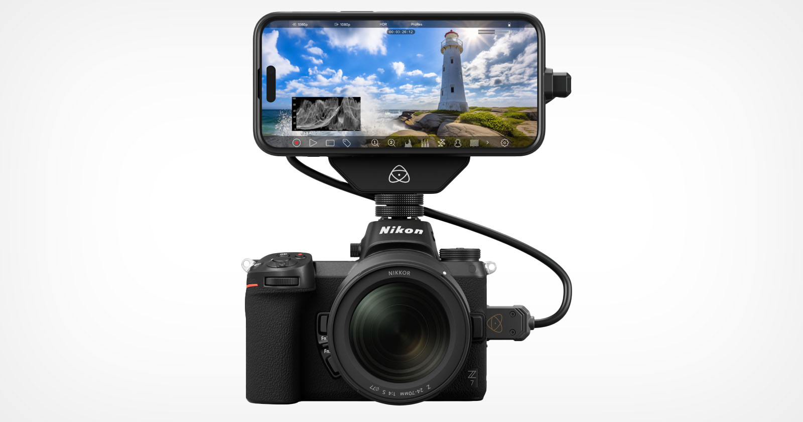 A nikon camera with a large lens connected to a smartphone mounted on top, displaying a lighthouse scene on the phone screen, set against a neutral white background. A nikon camera with a large lens connected to a smartphone mounted on top, displaying a lighthouse scene on the phone screen, set against a neutral white background.