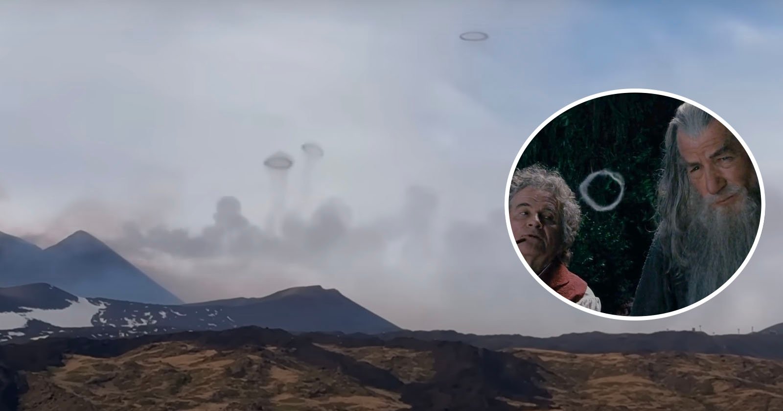 Composite image featuring a landscape with Mount Etna and three flying saucers in the sky, and an inset showing a close-up of gandalf the grey from the lord of the rings, looking contemplative.