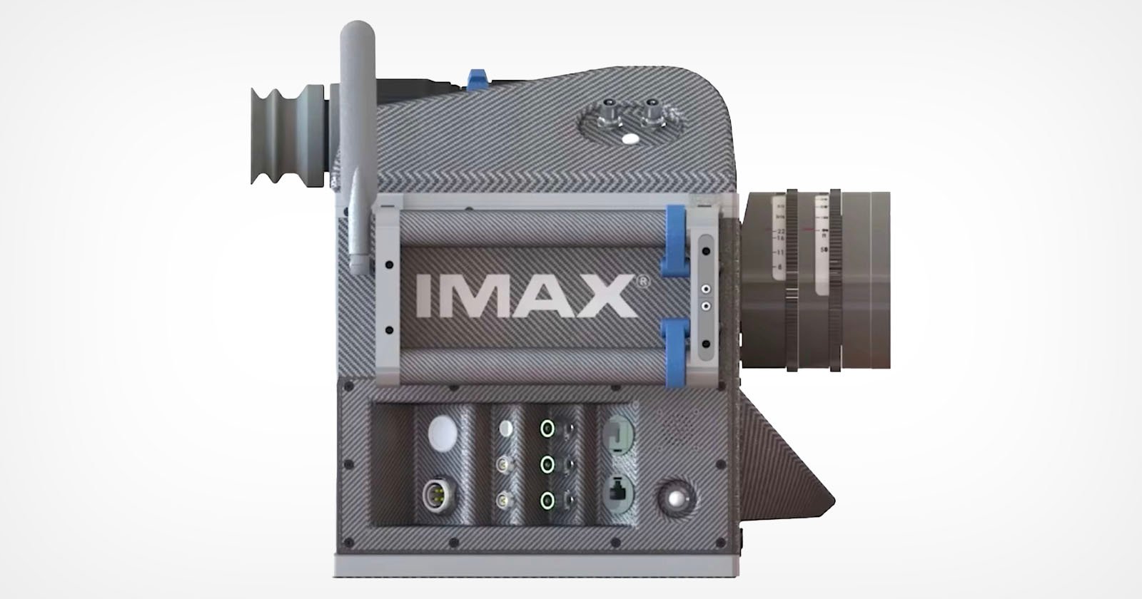 A digital render of an imax film projector featuring intricate details including reels, lenses, and a max label on a textured gray body.