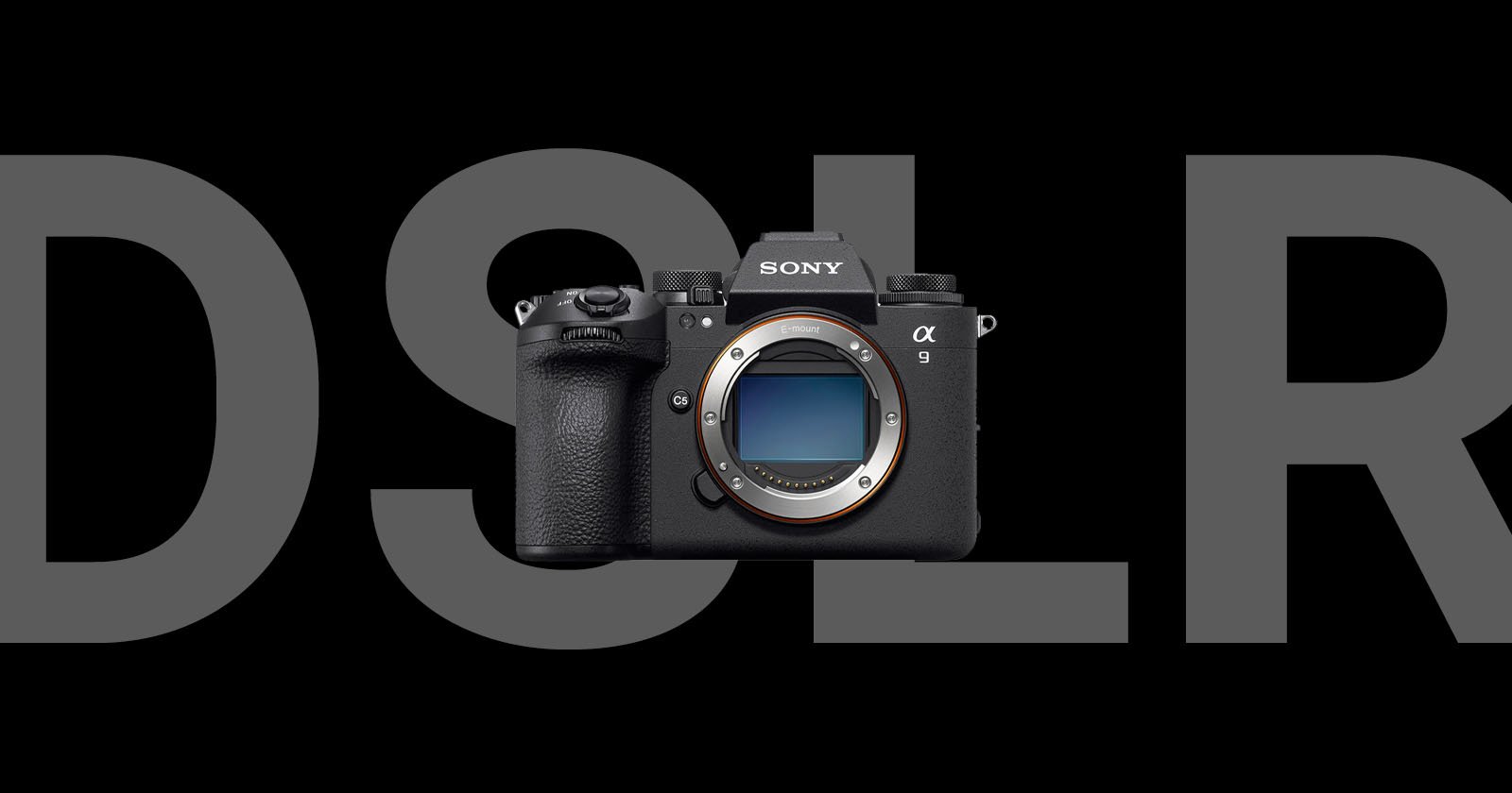 A sony alpha a9 mirrorless camera without a lens, displayed against a black background with the letters dslr in gray. A sony alpha a9 mirrorless camera without a lens, displayed against a black background with the letters dslr in gray.