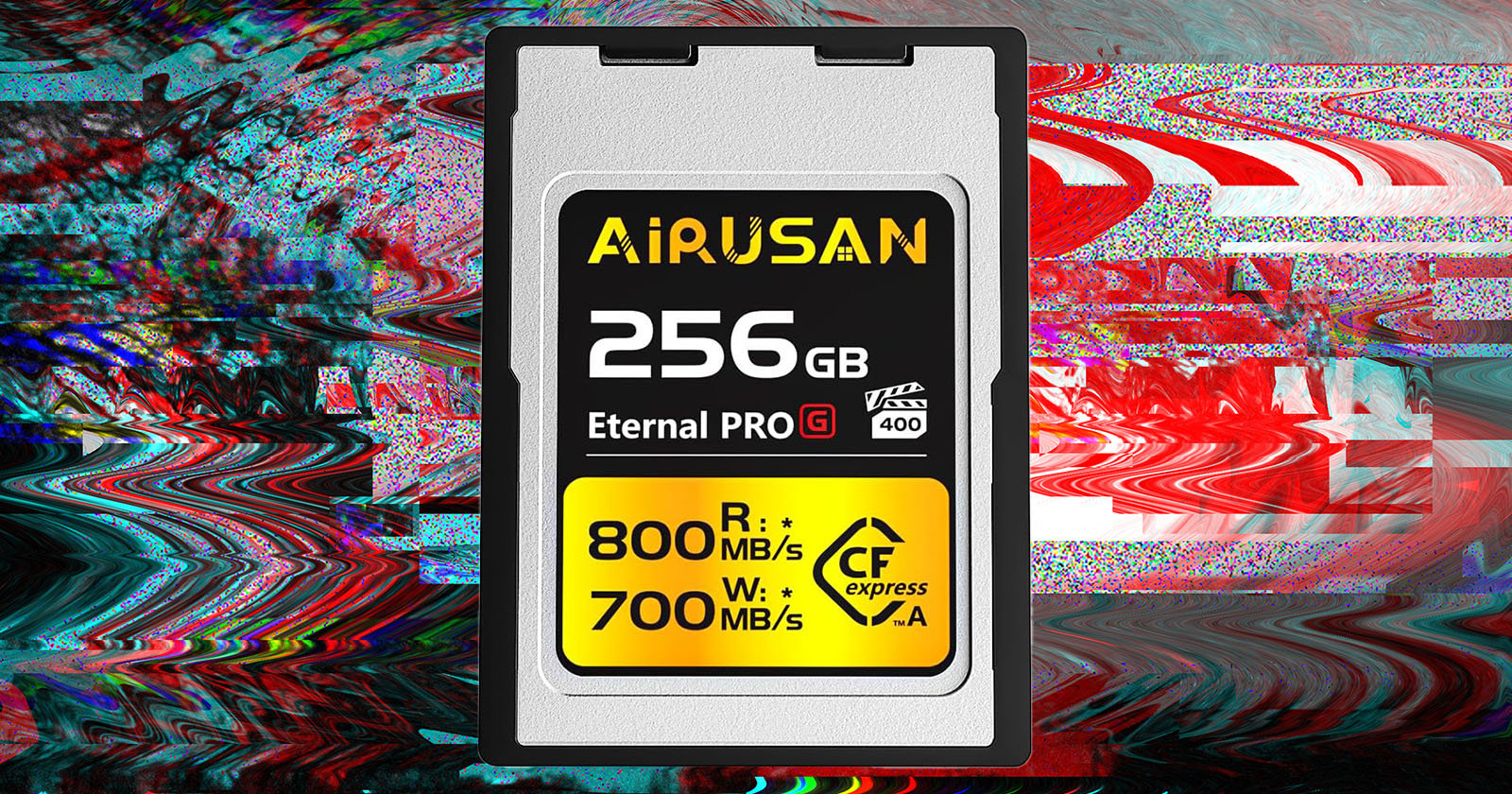A 256gb airusan compact flash memory card with specs labeled 800 mb/s read and 700 mb/s write speed, centered over a colorful, swirling digital art background.