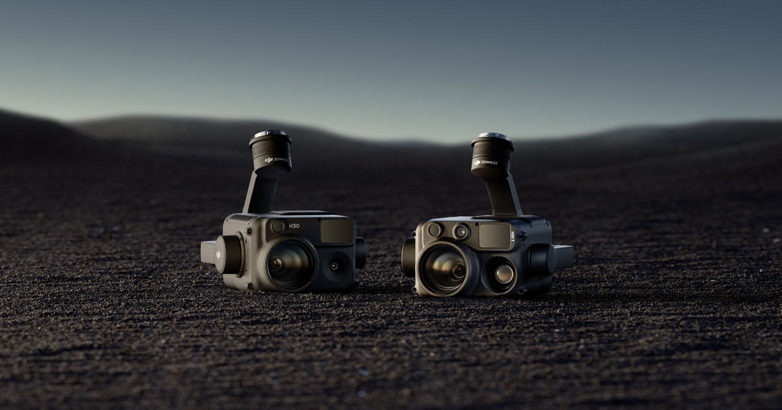 Two advanced camera systems with dual lens setups and viewfinders are placed on a rough, dark ground under a dimly lit sky. Each camera has a rugged, professional design, suitable for high-end photography or videography. Two advanced camera systems with dual lens setups and viewfinders are placed on a rough, dark ground under a dimly lit sky. Each camera has a rugged, professional design, suitable for high-end photography or videography.