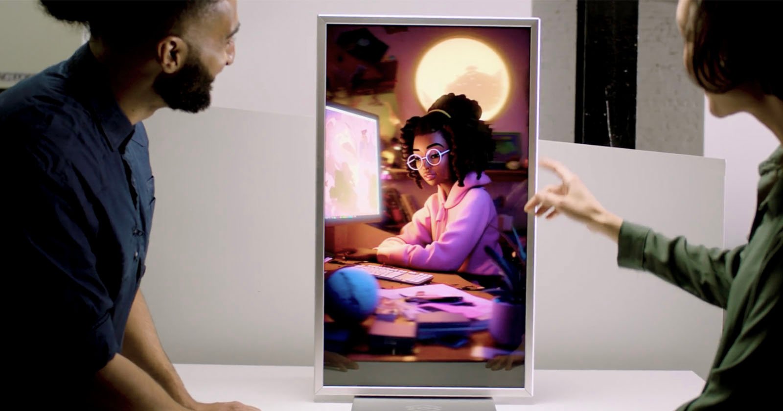 Two people examining a monitor displaying a digital illustration of a woman working at a computer by night, illuminated by the glow of her screens. Two people examining a monitor displaying a digital illustration of a woman working at a computer by night, illuminated by the glow of her screens.